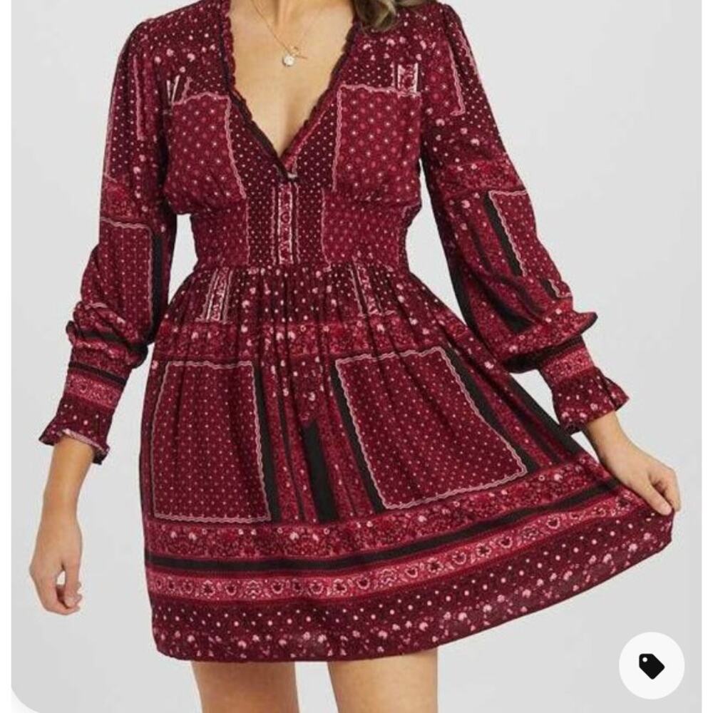 Altar'd State Slip On Fit and Flare Patchwork Print Long Sleeve Dresden Dress